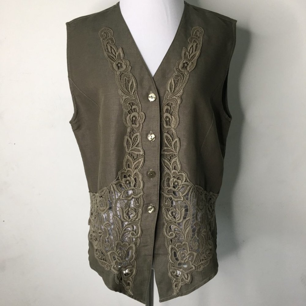 Biba Pariscop Women's Green Linen Blend Lace Button Down Vest Shirt Size Small